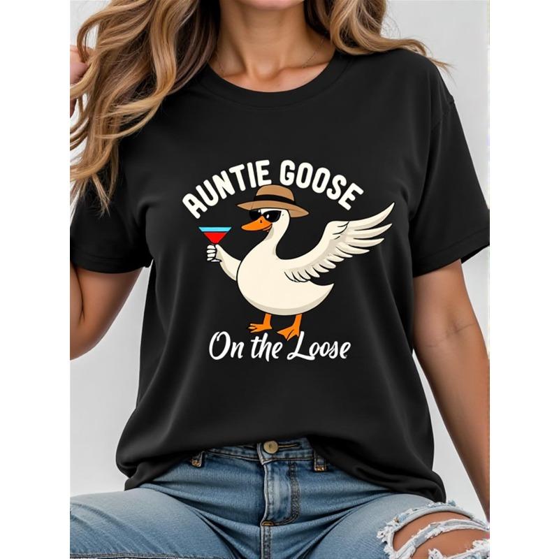 

AUNTIE GOOSE Casual Graphic Tee, Short Sleeve Crew Neck Top for Spring And Summer, Women S Apparel S чёрный
