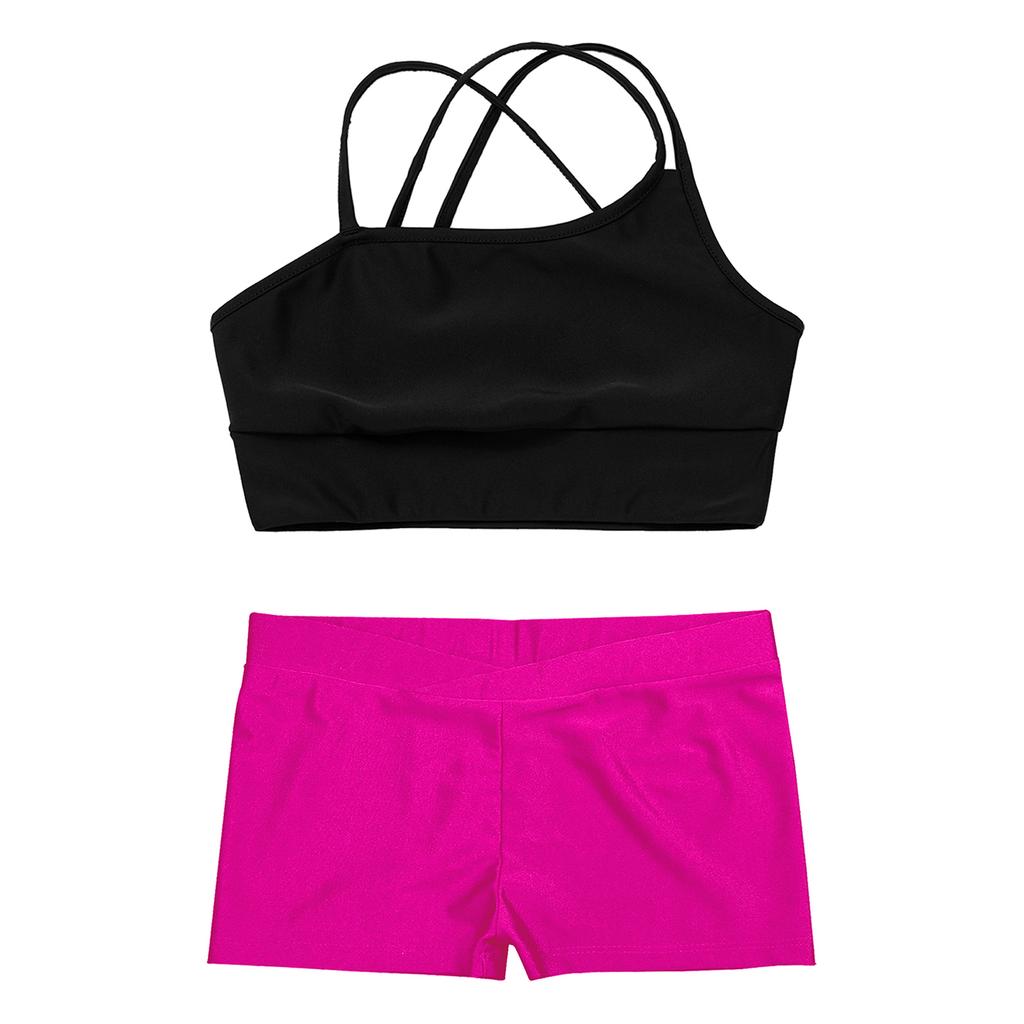 Kids Girls 2 Piece Dance Outfits Crop Top with Shorts Active Set Gymnastics Dancewear Swimwear
