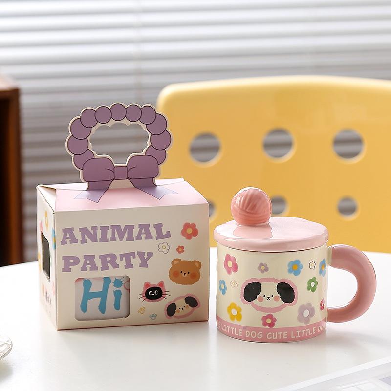 Personalized Ceramic Cup with Lid Cartoon Cute Mug Drinking Water Cup Cat Animal Souvenir Gift Box Cup Girl Student