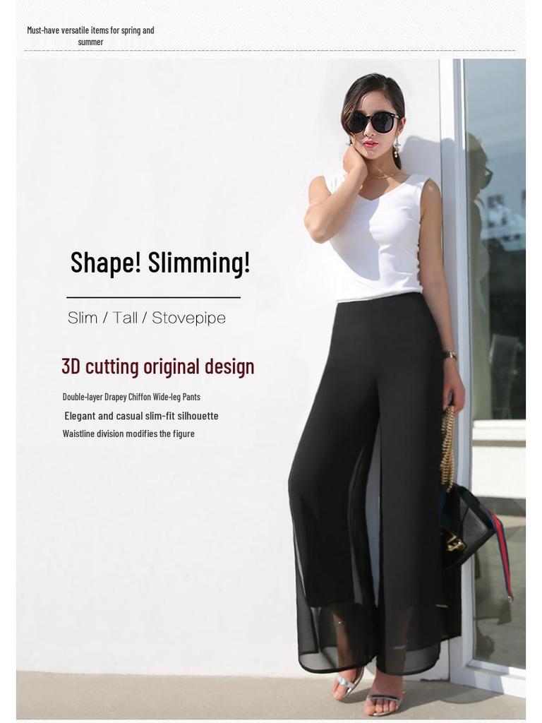 Šifonové culottes s vysokým pasem: Nadměrná velikost, Síťovina, Volné, Široké nohavice, Rovné, Rozparek, Ležérní palazzo kalhoty pro ženy.
