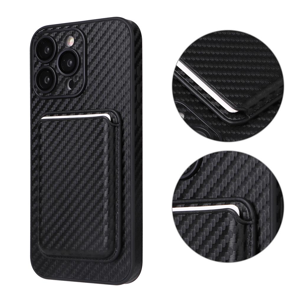 Para Capa iPhone 15 Pro com Porta-Cartões Magnético Removível Textura Fibra de Carbono Capa de Telefone