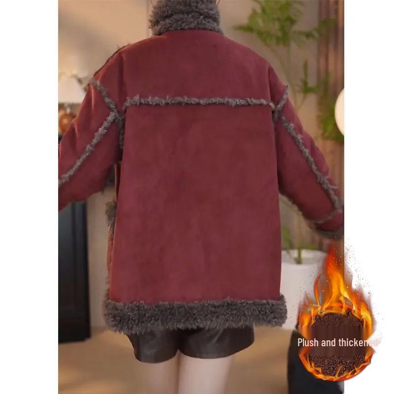 Women's Mid-Length Fleece-Lined Lambswool Jacket - Warm & Stylish for Autumn/Winter