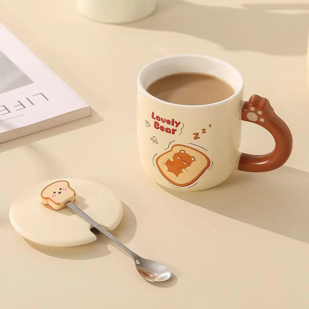 Keramické hrnky Milk Fufu Roztomilé hrnky s medvědem z chleba Hrnky na kávu a mléko pro pár do kanceláře i domů Lžíce s víčkem