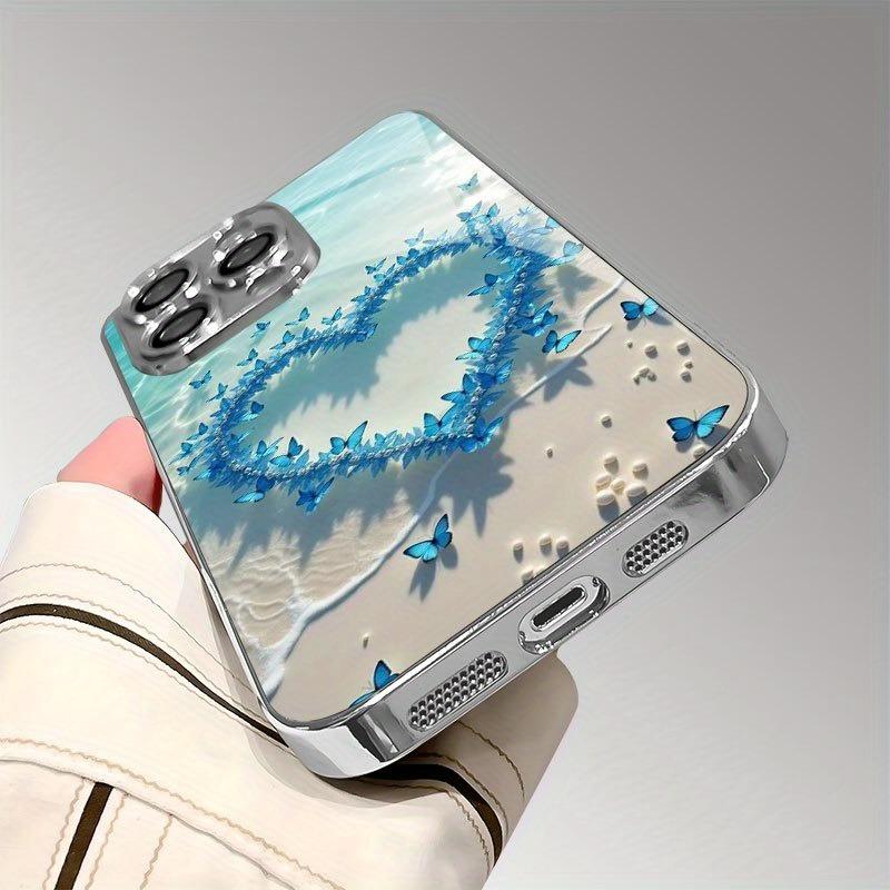Romantic Beach Love Butterfly Pattern Glass Electroplated Phone Case For iPhone 17 16 15 14 13 12 Pro Max Plus 16E 17 Air Cover