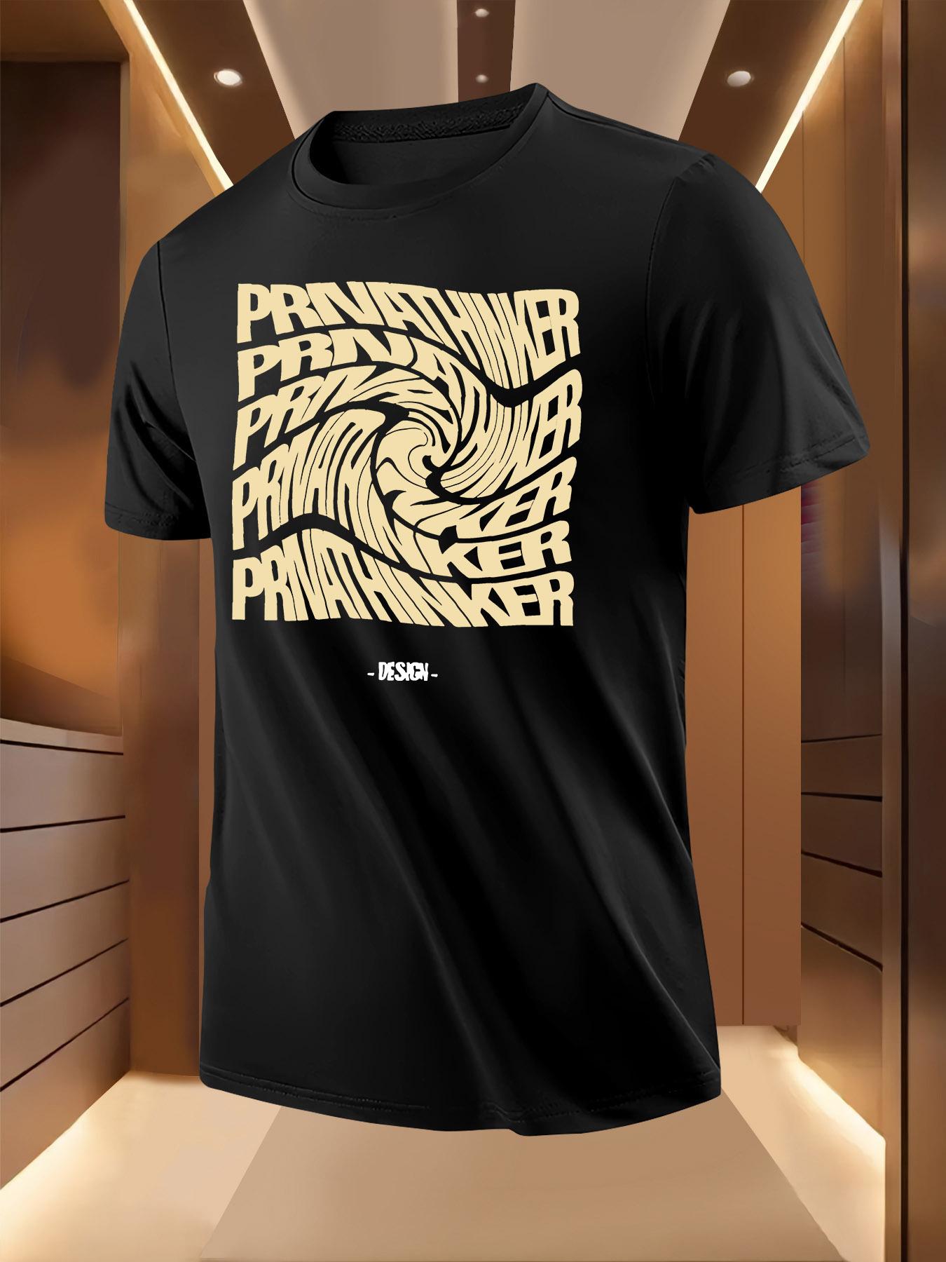Crew Neck Tshirt with Spiral Text Print - Lightweight Sho... M
