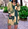 Women Plus Size V Neck Long Sleeve Printed Fitted Straight Midi Dress