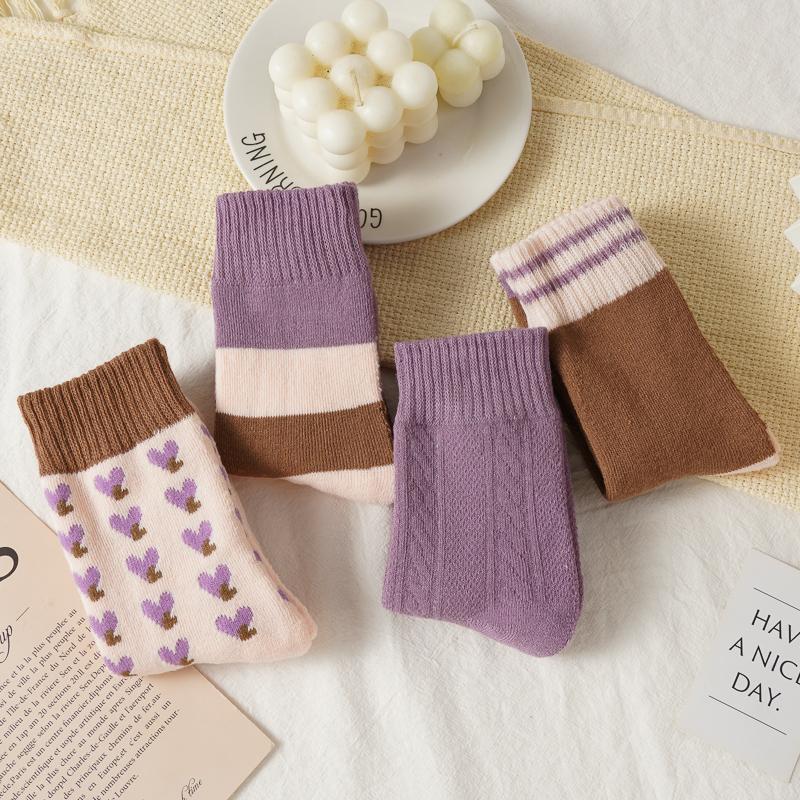 Women's Autumn and Winter Thickened Socks Warmth Purple Heart-shaped Breathable Floor Socks