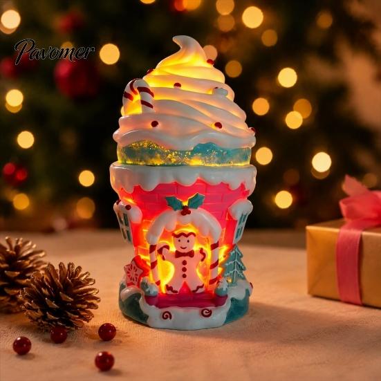 Illuminated Miniature Village House Lighted Ice Cream Christmas Figurine, Candy Gingerbread Decor with LED Whimsical Cabin Ornament Light, Warm Light