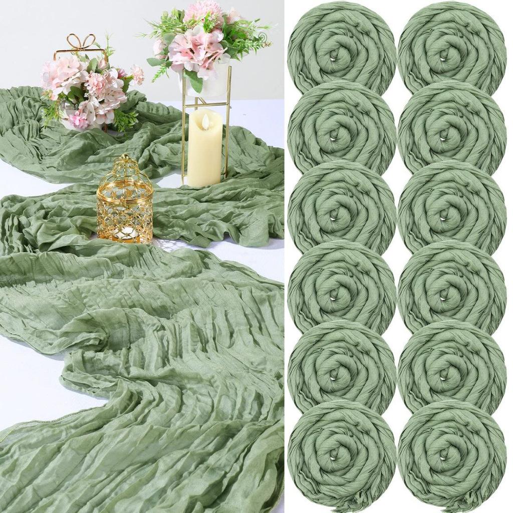 12Pcs Semi-Sheer Gauze Sage Green Table Runners Vintage Rustic Wedding Birthday Wedding Decoration Banquets Arches Boho Decor