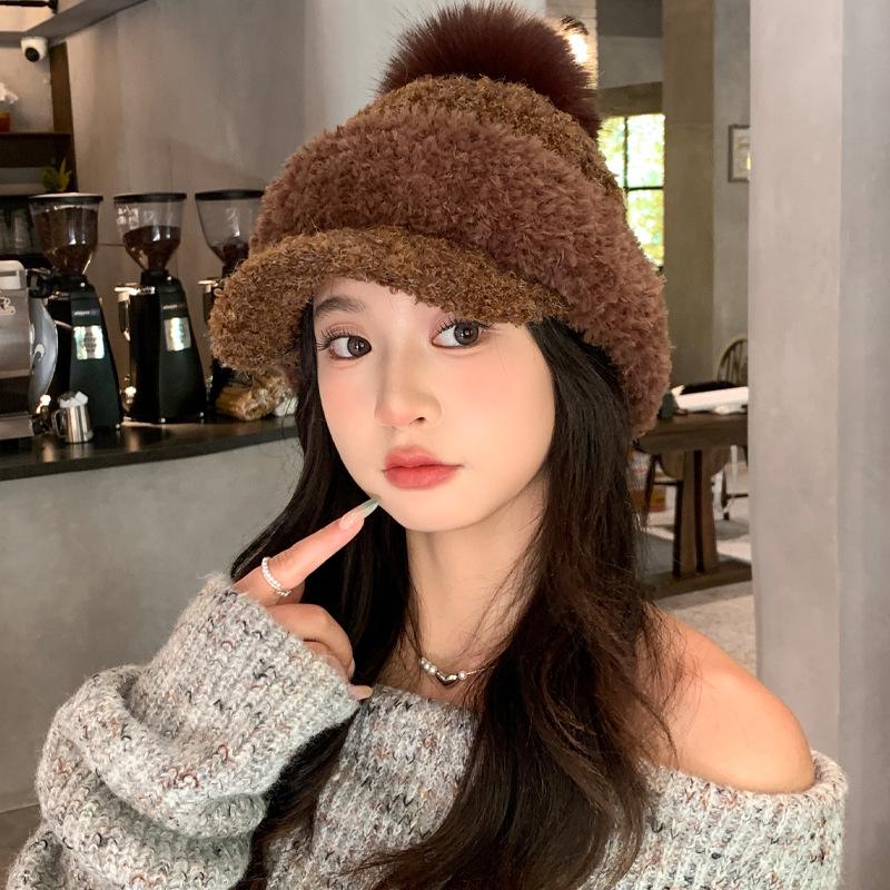 Versatile Color Blocked Coral Velvet Warm Baseball Cap Korean Big Head Surround Hat Outdoor Cold Proof Hat Women's Style