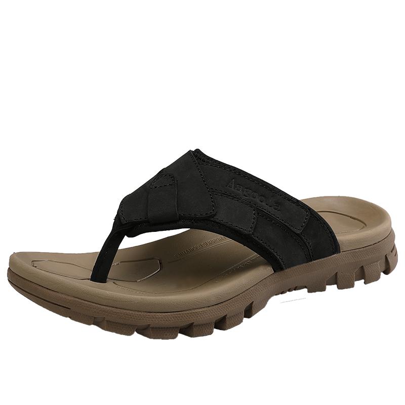 Fashion Solid-color Lightweight Men's Leather Flip-flops  Summer Casual Anti-slip Slippers  Outdoor Comfortable Soft-soled Flat Slippers