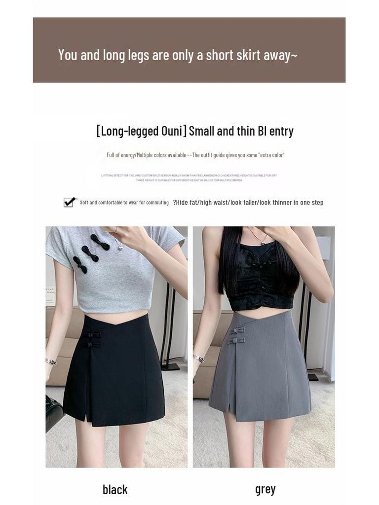 High Waist Chinese Style Midi Skirt with Irregular Frog Closure and Slit - Women's Summer Slimming A-Line Skirt Pants