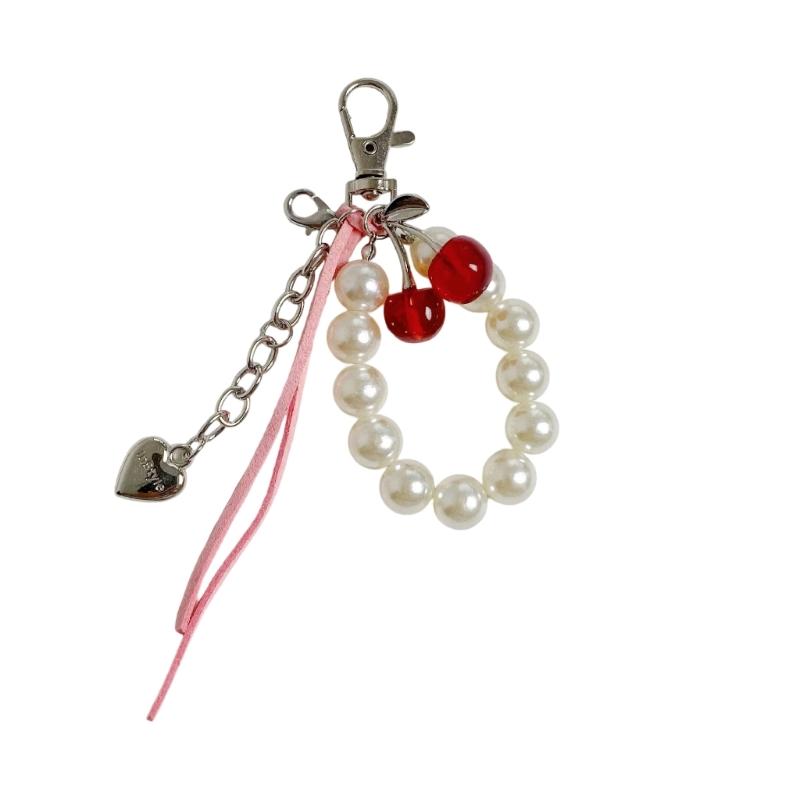 Unique Pearls Cherry Keychain Alloy Love Heart Keyring Multi Functional Purse Charm Daily Fashion Accessories красный