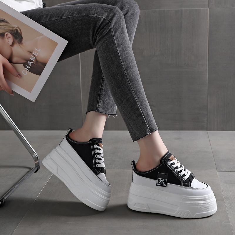 Fashion 12CM Denim Platform Wedge Ladies Comfy High Brand Breathable Summer Bao Toe Slippers Lace Up Chunky Sneaker Casual Shoes
