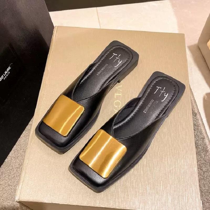 Women's Baotou Slippers Summer New Retro Metal Buckle Flat Heel Slippers Square Toe Shallow Mouth Casual Cool Slippers