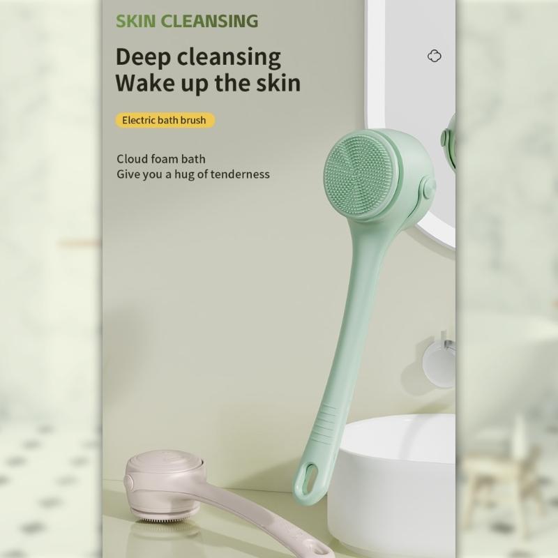 Electric Soft Body Bath Brush Shower Scrubber Double Handle Back Rubbing Machine Long Handle Cleaning Brush Bathroom