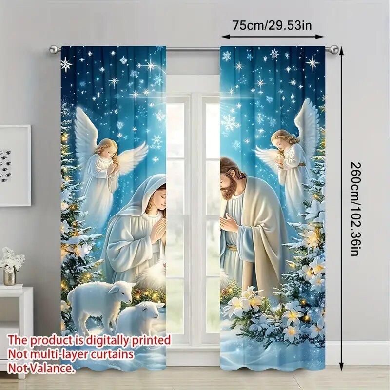2pcs - Christmas Night scene angel and snowflake pattern printed curtains, pole bag curtains, home decoration, room decoration