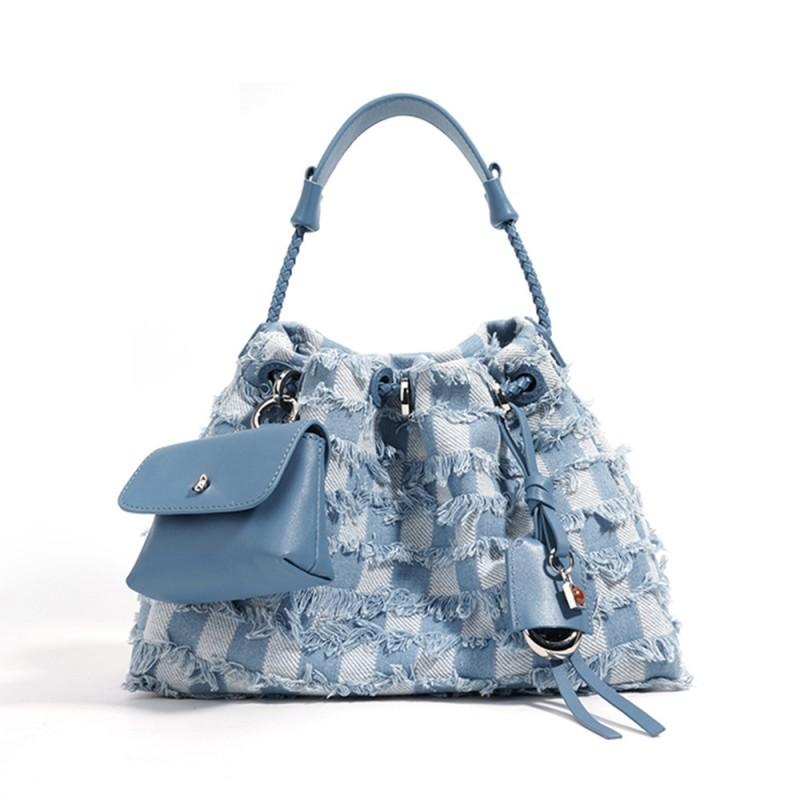 Leather Denim Multifunctional Women s Bag Casual Simple Checkerboard Pattern Handbag Large Capacity Crossbody Shoulder 29x13x21cm