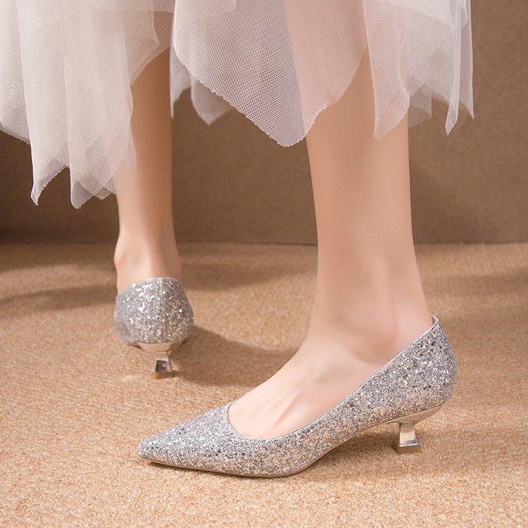 Autumn New Large Size Sequined Stiletto Single Shoes Pointed Head Shallow Mouth High Heels Medium Heel Bridesmaid Bride Shoes