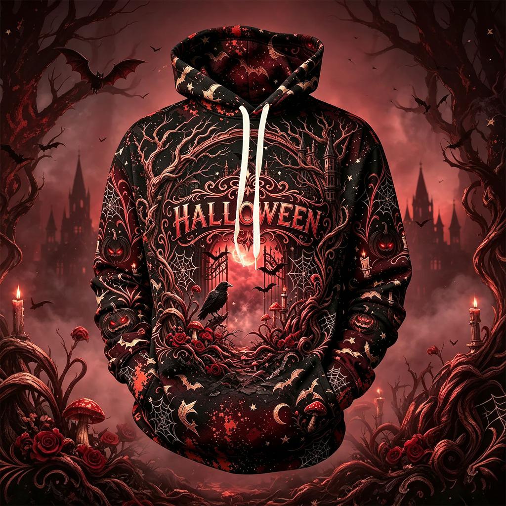 Men's Casual Hoodie Long Sleeve Sweatshirt with Halloween Graphic Print for Fall