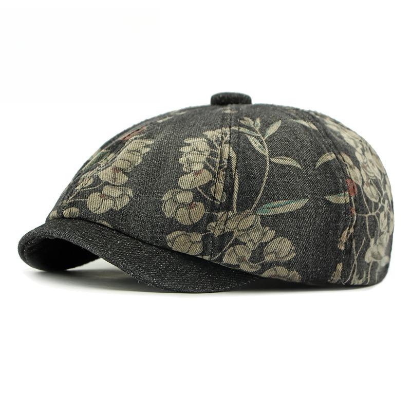 Vintage Floral Printed Denim Newsboy Hat Unisex Octagonal Baker Boy Cap Korean Beret Peaked Hat for Men Women