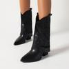 Sequin Cloth Western Boots Women Glitter Silver Gold Chunky High Heels Mid-calf Cowboy Boots Cowgirl Shoes