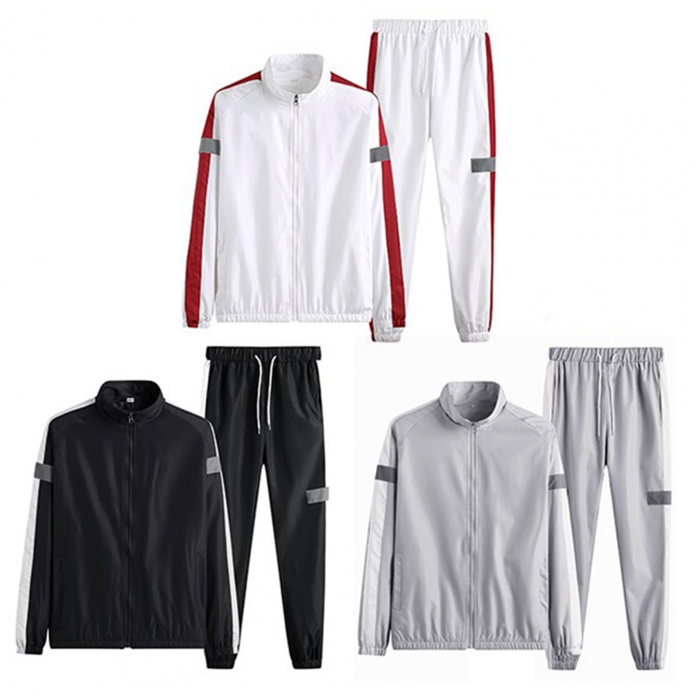 2Pcs/Set Men Sportswear Set Patchwork Color Stand Collar Long Sleeve Zipper Placket Jacket Elastic Waistband Drawstring Sweatpan