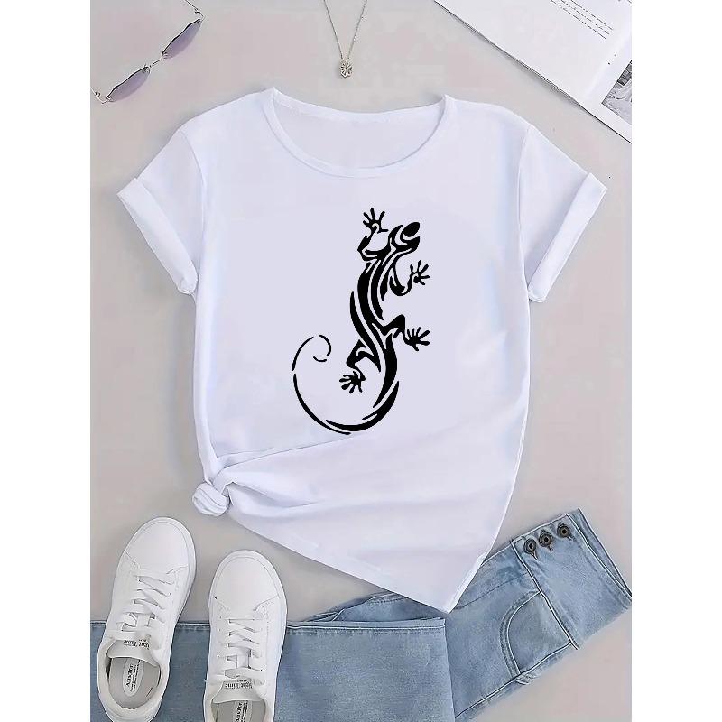 European Size Women's Casual Sporty T-Shirt, Round Neck, Short Sleeve, Lizard Print, Comfortable Summer Top, Knitted Fabric,
