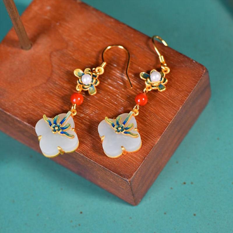 Original Natural Chalcedony Flower Enamel Drop Earrings For Women Exquisite Ancient Rhyme Ethnic Style Banquet Jewelry Gift