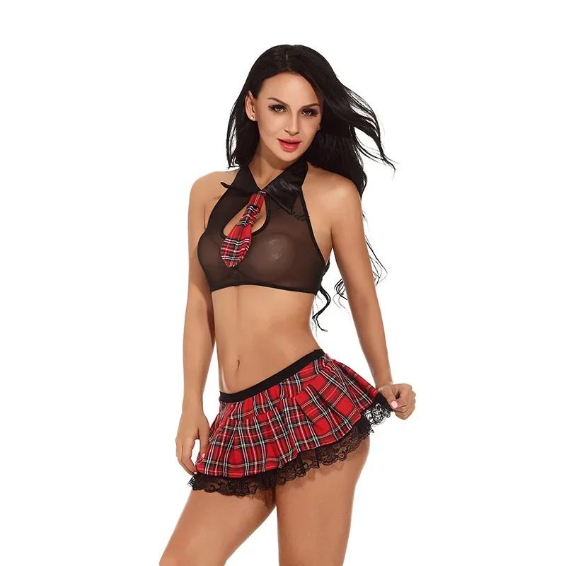 Schoolgirl Cosplay Crop Tops with Plaid Skirt Thongs Set Women Sexy Lingerie Roleplay Student Uniform Erotic Costumes