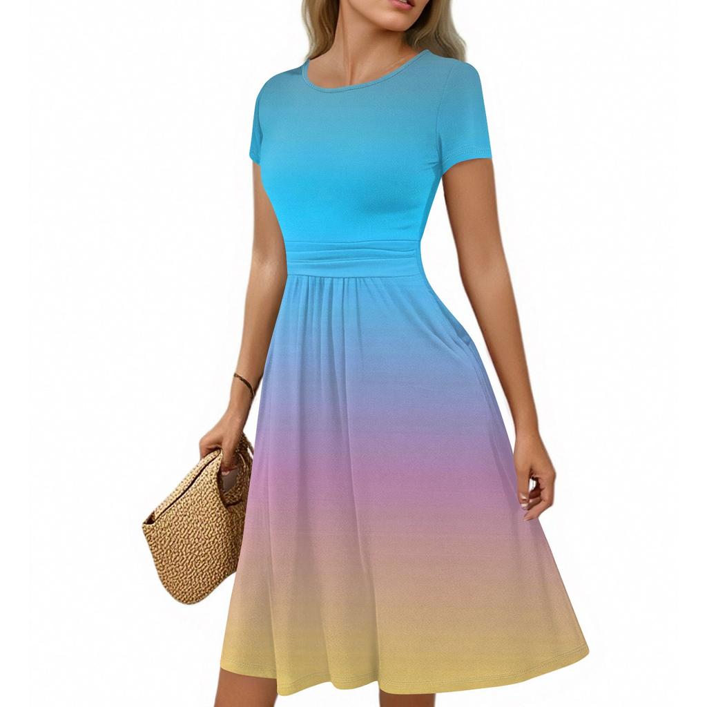 Damska codzienna moda okrągły dekolt plisowany krótki rękaw gradientowa spódnica A-line sukienka midi
