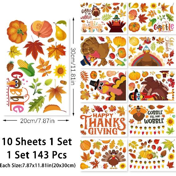 143 Pcs Thanksgiving Window Clings for Glass Windows Fall Window Stickers Seasonal Turkey Pumpkin Maple Leaf Decals Decorations for Thanksgiving