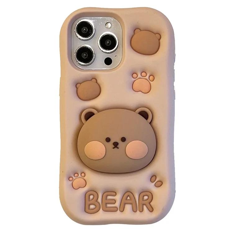 

For iPhone 15 Pro Max Case Bear Head Shaped Kickstand Shockproof Silicone Mobile Phone Cover