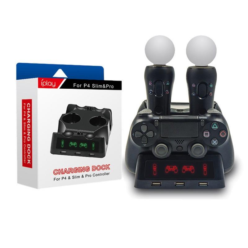 Stacja ładująca kontrolera PS4, stacja dokująca do szybkiego ładowania kontrolera ruchu PS4 VR Move z diodą LED, kompatybilna z PS4/PS4 Pro/PS4 Slim