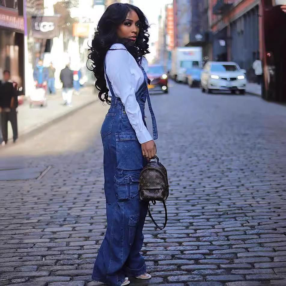 Women's Loose Denim Halter Onesie Cross-Border Spring Street Fashion Multi-Pocket Overalls Attractive Stylish One-Piece Suit