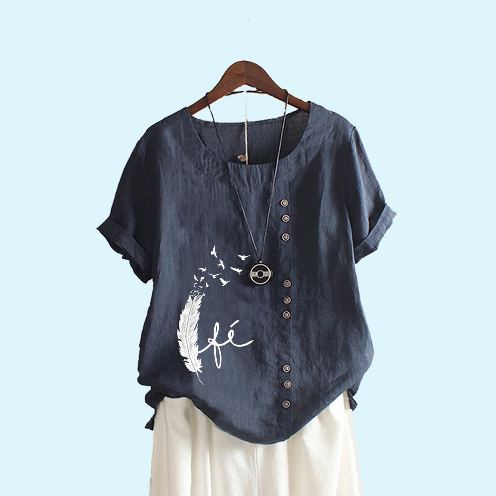 Women Fashion Print Short Sleeve Blouse Summer Casual Round Collar Cotton Linen T-shirt Pullover Loose Top