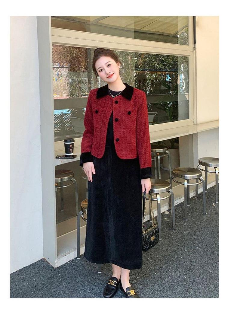 2025 Elegant Petite Red Wool Jacket - Felt French-Korean Style for Women