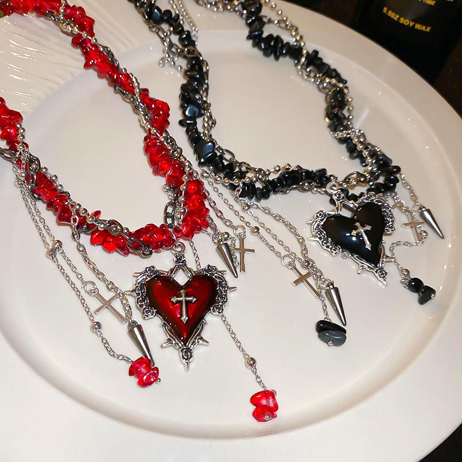 Goth Black Heart Love Cross Pendant Irregular Stone Bead Choker Necklace For Women Halloween Vintage Y2K Grunge EMO Accessories