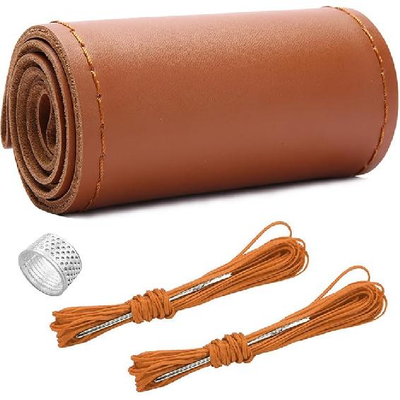 Ziciner Genuine Leather Steering Wheel Cover, Stitch On Wrap, Breathable Anti-Slip Car Steering Wheel Protector For Max Diameter 15 Inch, DIY Sewing