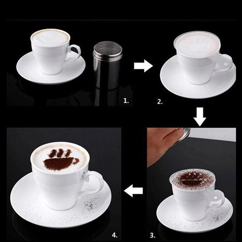 Stainless Steel Chocolate Shaker Cocoa Flour Coffee Sifter 16Pcs Coffee Stencils Template Strew Pad Duster Spray Tools