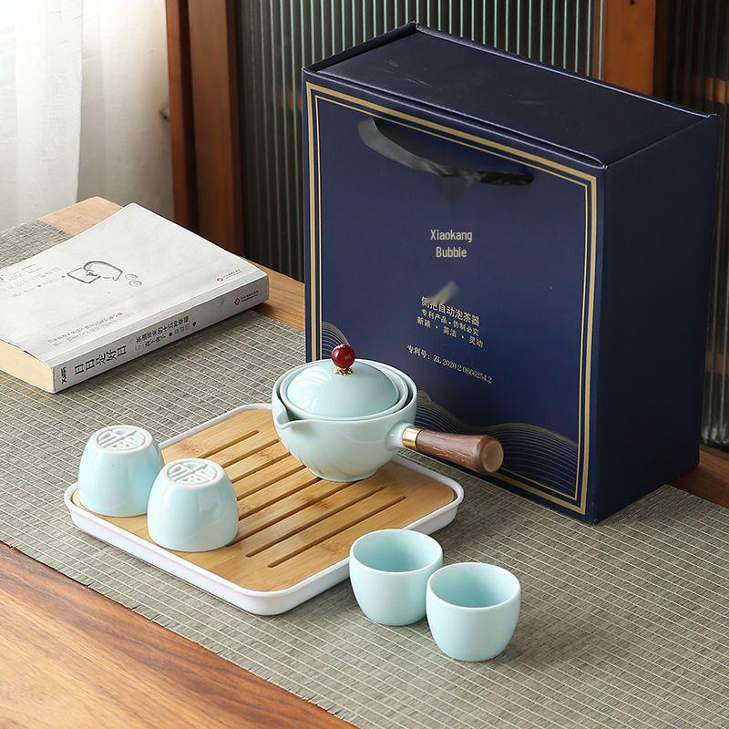 Portable Ceramic Kung Fu Tea Set with Bag – Includes One Pot, Four Cups, and Side Handle for Outdoor or Car Use
