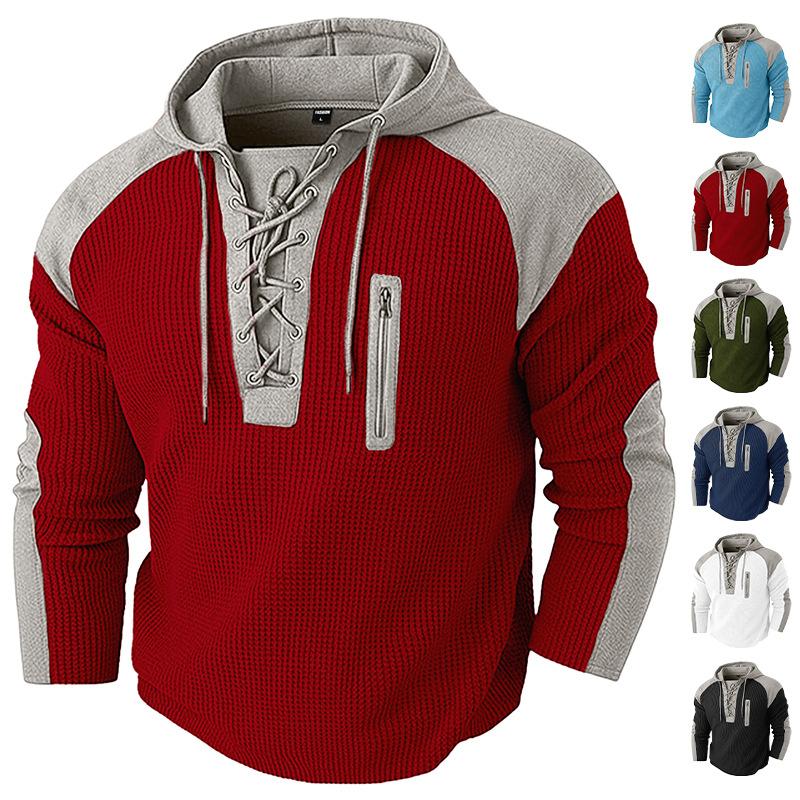 Men's Drawstring Hoodie Waffle Color Block Casual Athletic Sweatshirt Pullover