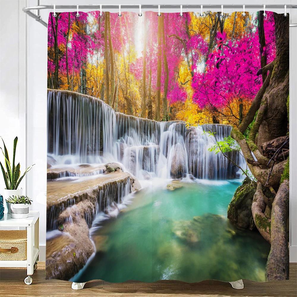 Modern 3D Printing Forest Shower Curtain Green Plant Tree Landscape Bath Curtain With Hooks For Bathroom Waterproof Scenery