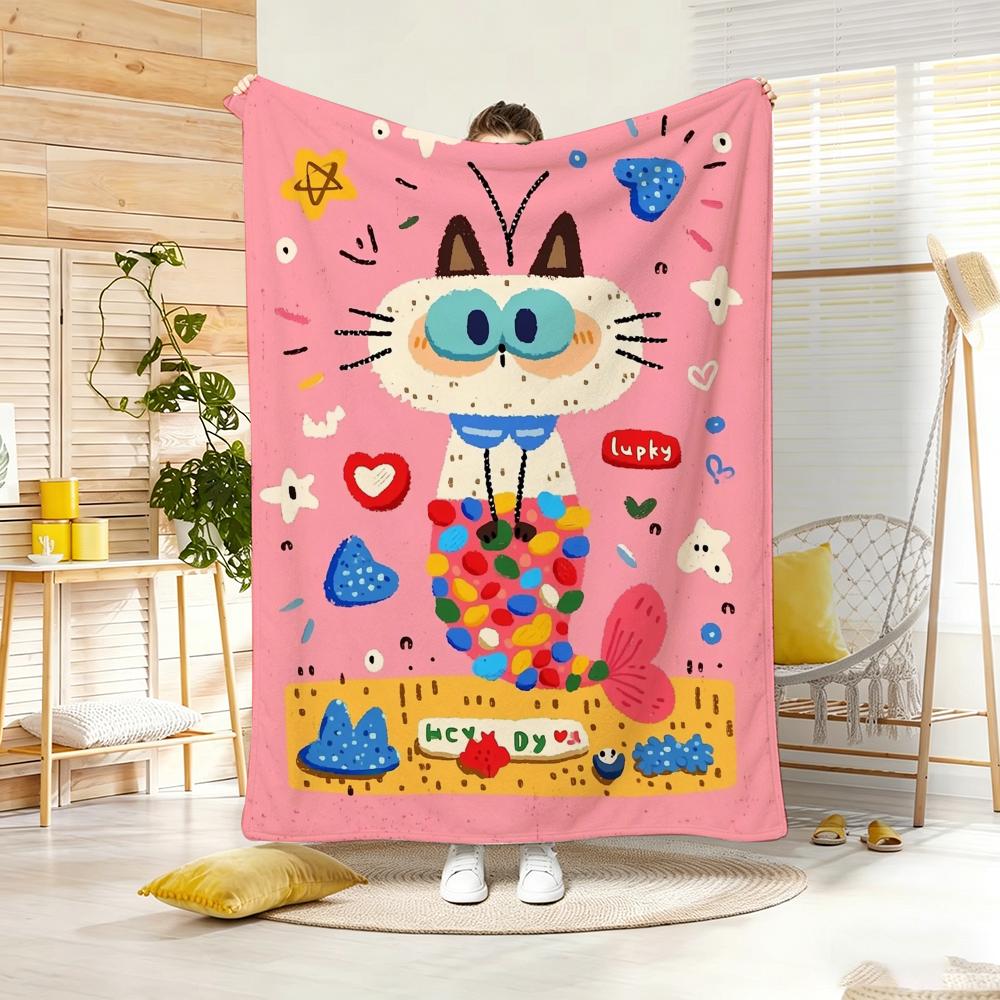 Painting Cute Cat And Fish Throw Lightweight g Flannel Blanket Soft Skinfriendly for Summer Cooling