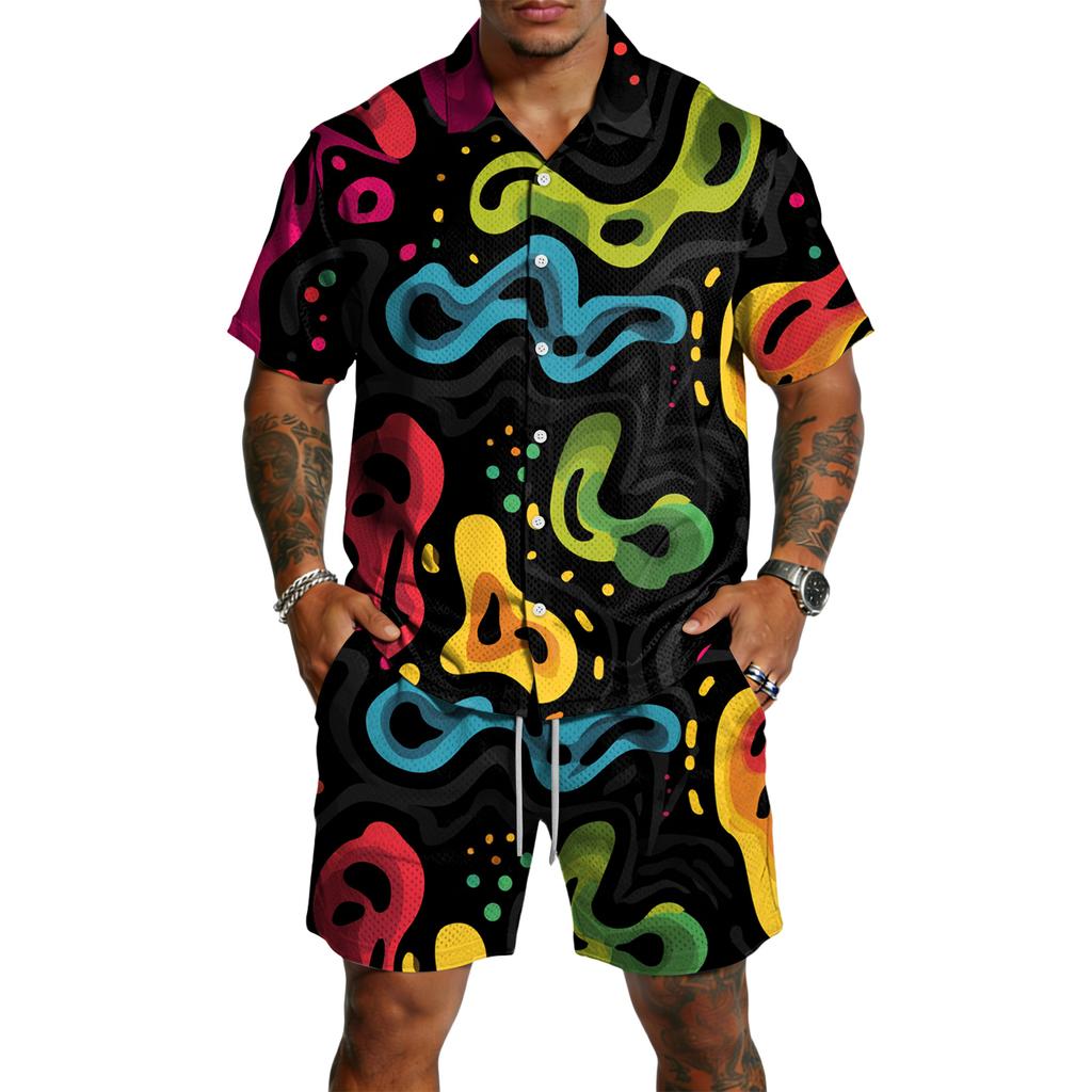 Men's Casual Lightweight Breathable Short Sleeve Shirt with Drawstring Shorts Set Swirl Pattern Summer Outfit for Outdoor Use