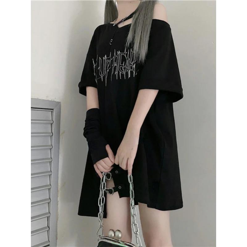Y2k Girl Letter Print Off Shoulder Punk T-shirts Women Casual Street Black Gothic T Shirt Harajuku Streetwear Aesthetic