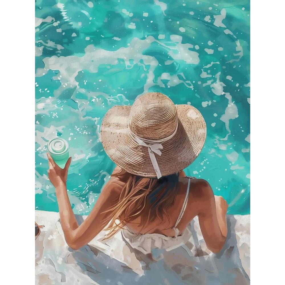 Dreamy Pastel Summer Beach Posters Woman Swimming Umbrella Sea Turtle Prints Canvas Painting Wall Picture Home Living Room Decor