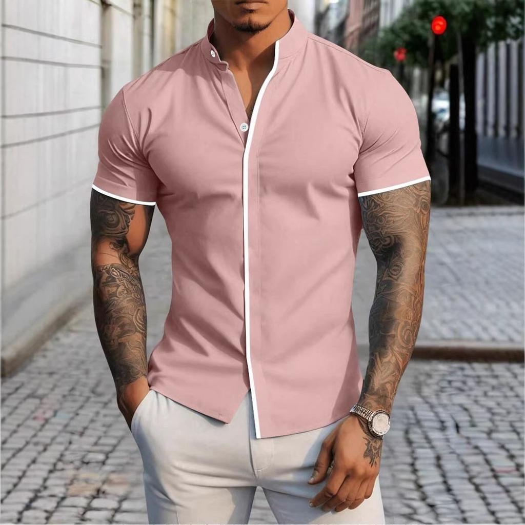 Men Clothes Summer New Stand Collar Short Sleeve Spell Color 100% Polyester Casual Shirt Tops