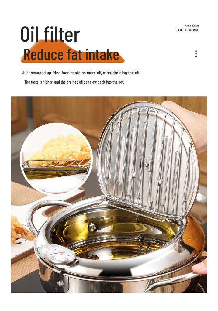 304 Stainless Steel Tempura Frying Pot with Double-Bottom, Oil-Saving, Temperature Control, and Thermometer for Gas and Induction Cookers