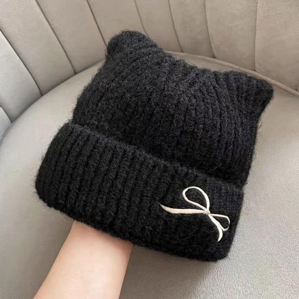 Solid Color Cat Ear Beanie Thickened Knitted Skullies Soft Knitted Woolen Hat  Autumn